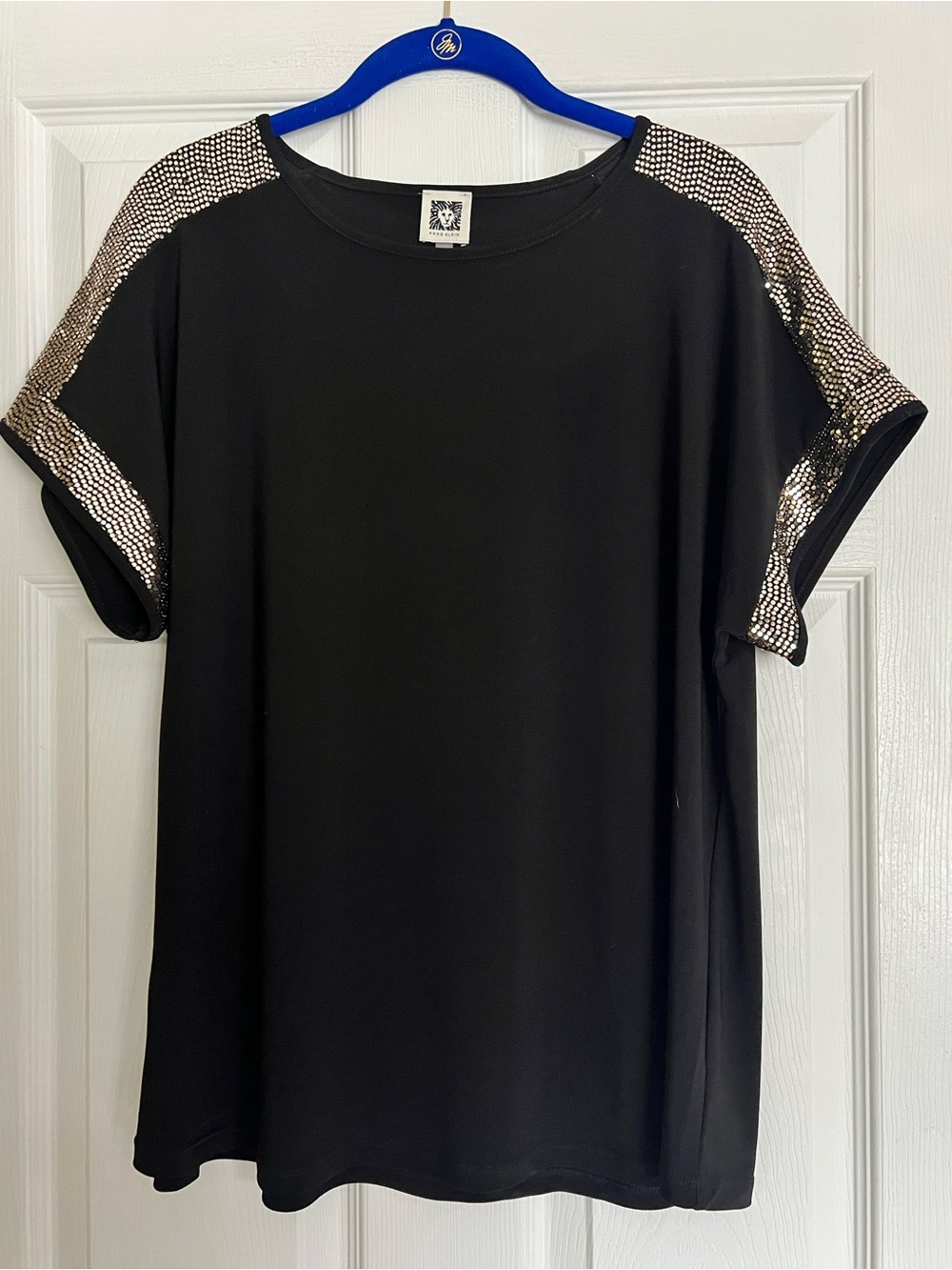 Anne Klein- Black Women's Short Sleeve Top with Metallic Gold Accents - Size L